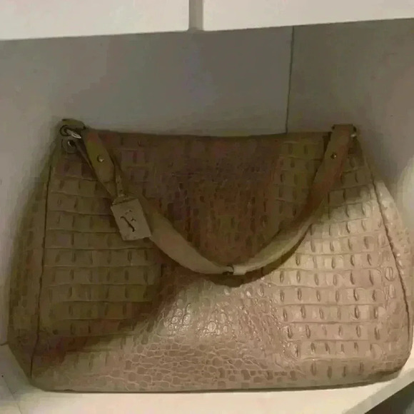 Furla Croc Embossed Handbag Satchel Lg Genuine Italian Leather Womens Taupe - Picture 12 of 16